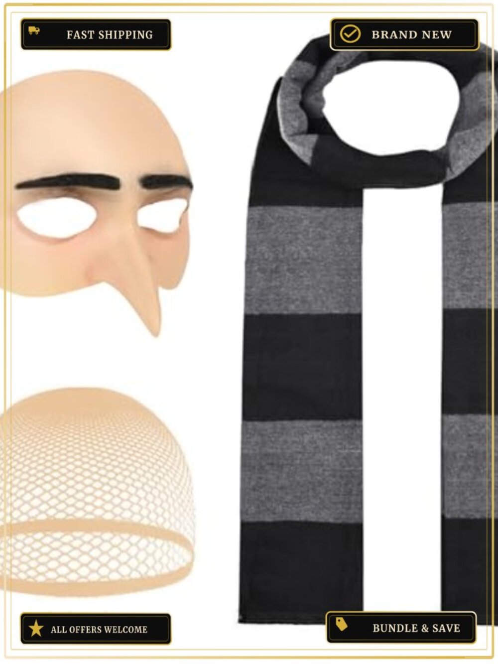 3Pc Halloween Costume Set Bald Cap Striped Scarf Mesh Wig Cap Adult Cosplay